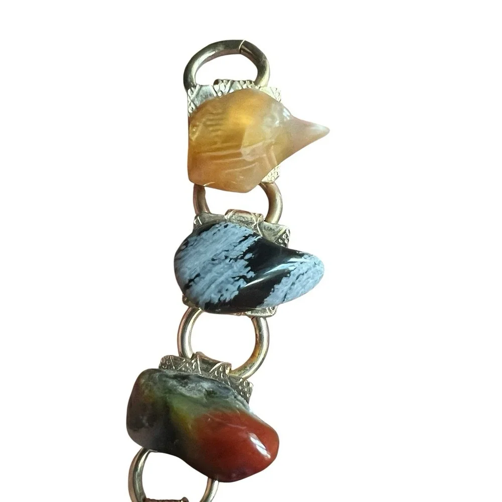 Vintage Semi Precious Natural Polished Tumbled Stones Link Bracelet